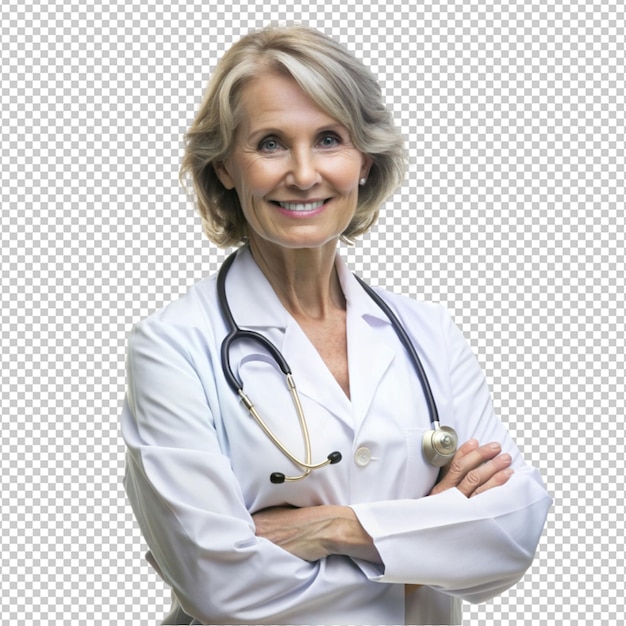 middle aged woman with doctor uniform on transparent background