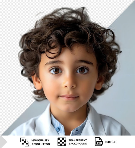 Middle Eastern boy in oncologist attire looks disheartened transparent background