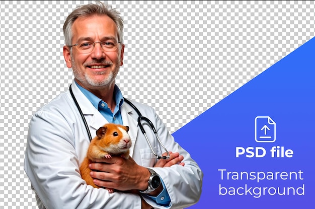 Middleaged male doctor with gray hair and beard wearing a white lab coat and holding a hamster