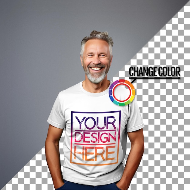 PSD middleaged man attractive smiling happy tshirt mockup product photography shirt design