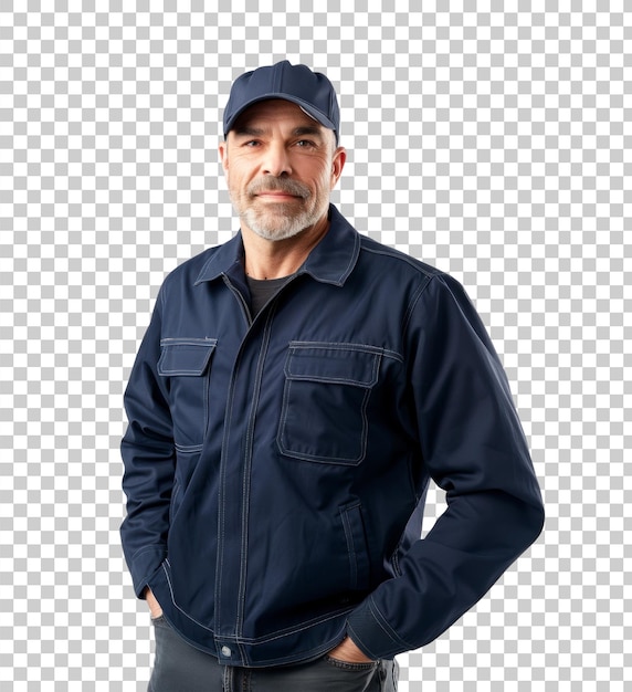 MiddleAged Man in Dark Blue Uniform with Cap Isolated on Transparent Background