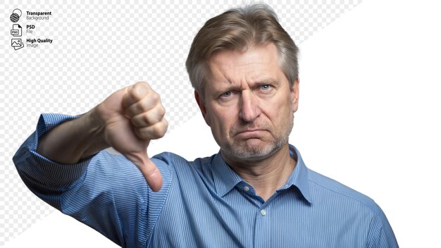 PSD middleaged man giving thumbs down gesture with frowning expression