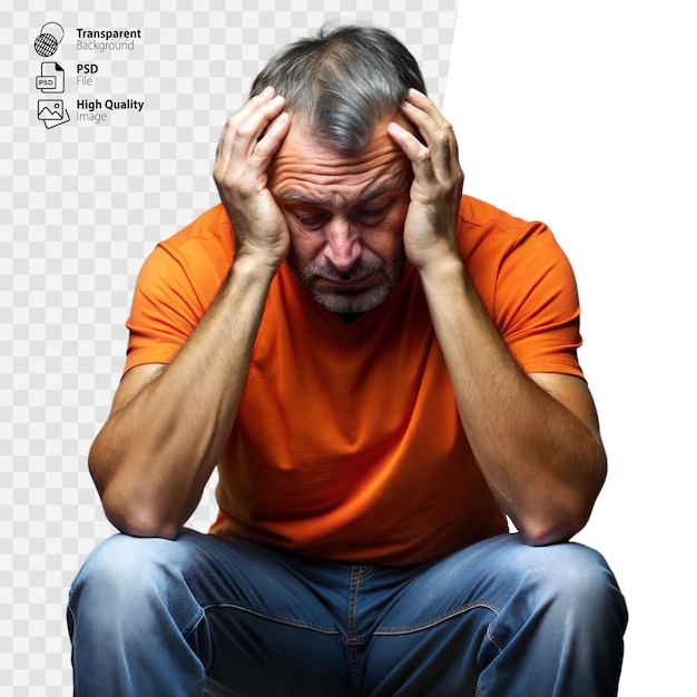 MiddleAged Man in Orange Shirt Sitting and Holding Head i