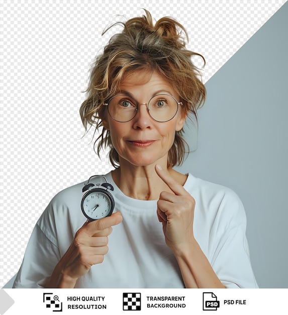 PSD middleaged woman with blond hair and brown glasses holds an alarm clock in front of a blue and white wall