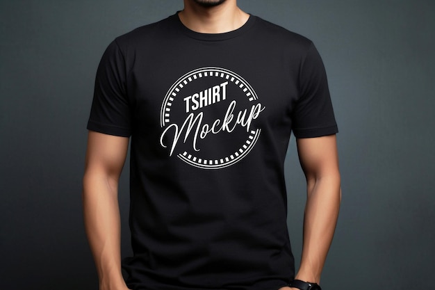 Midnight Black Classic Crewneck Tshirt mockup worn by a model monochromatic black to gray