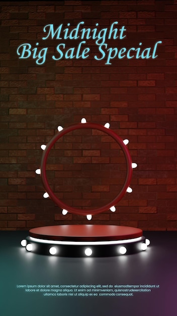 midnight neon podium with brickwall background for product presentation