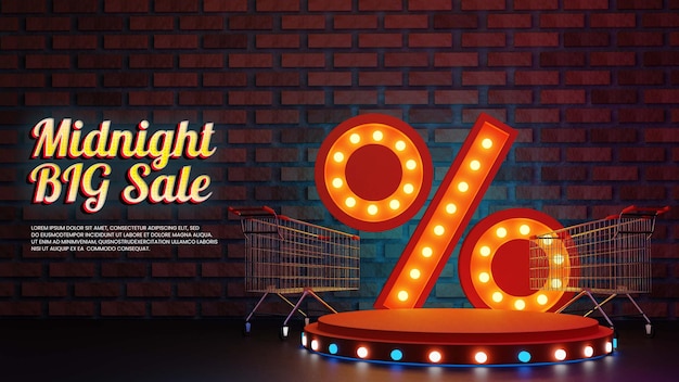 MIDNIGHT SALE WITH REALISTIC PERCENT AND SHOPPING ICON PODIUM