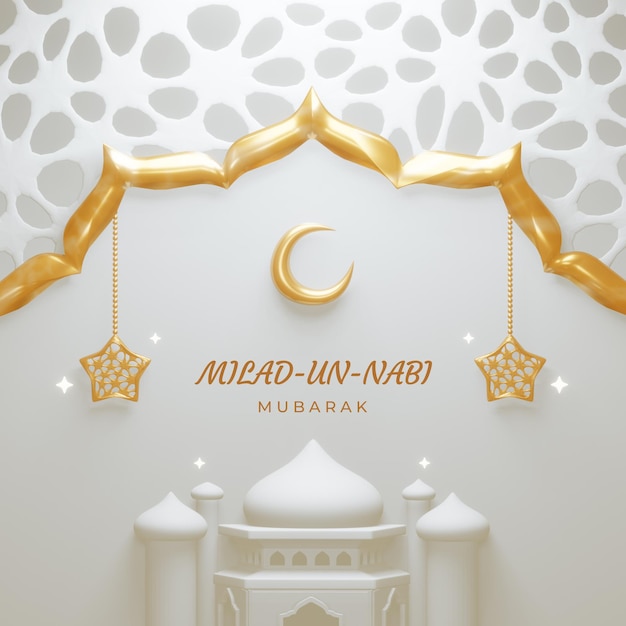 Milad un Nabi elegant white and golden luxury ornamental background with Islamic pattern and mosque