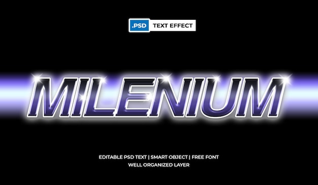 Milenium 3d Neon text effect, editable with realistic metallic and shiny text