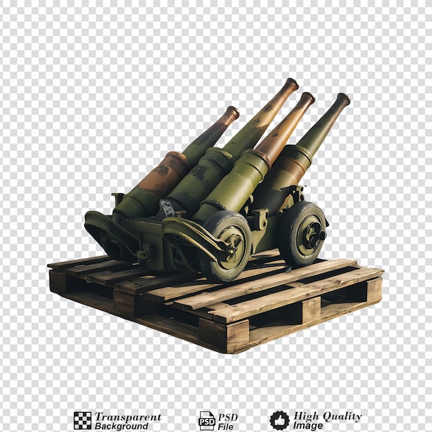 PSD military artillery shells 155mm in transport pallet isolated on transparent background