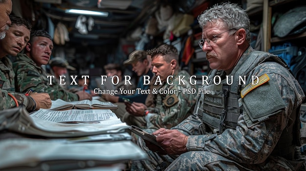 Military Personnel Reviewing Documents in a Dimly Lit Room