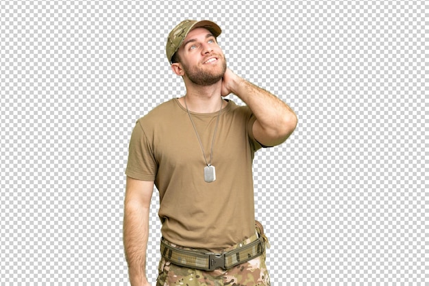 PSD military with dog tag over isolated chroma key background thinking an idea