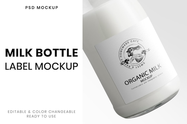 PSD milk bottle mockup, glass packaging design psd