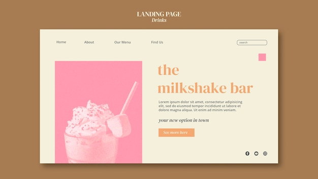 Milkshake bar landing page template with beverage