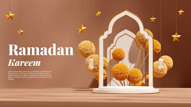 mimosa flower and arabian lamp ramadan kareem, 3d render scene template white podium in landscape