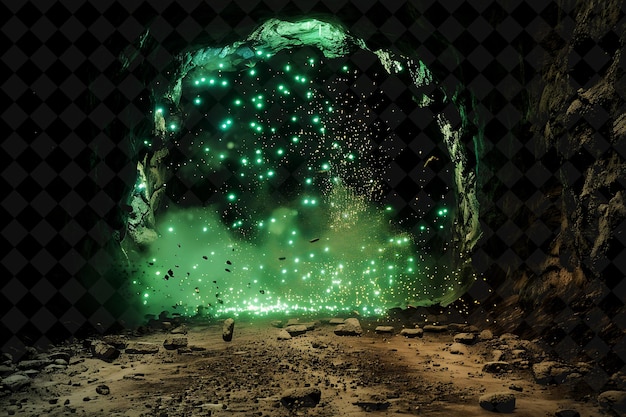 PSD mine explosion with underground tunnel dirt and rocks earthy png neon effect on dark background