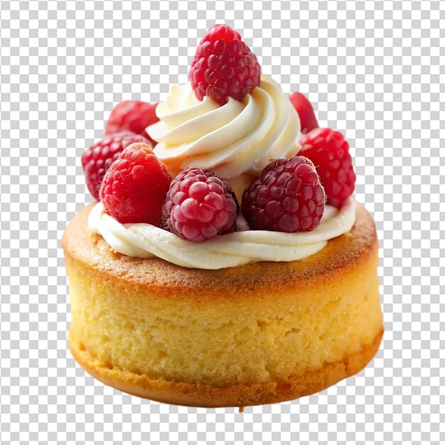 Mini cake topped with raspberries and whipped cream isolated on transparent background