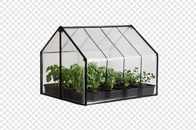 Mini greenhouse with herb plants isolated on a transparent background