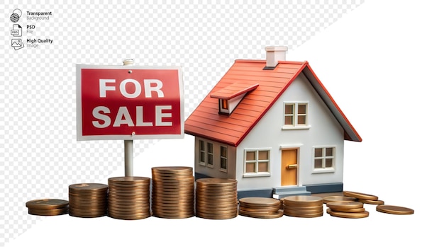 PSD miniature house for sale with stacks of coins