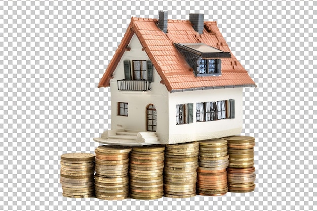 PSD miniature house on stack of coins alone against transparent background