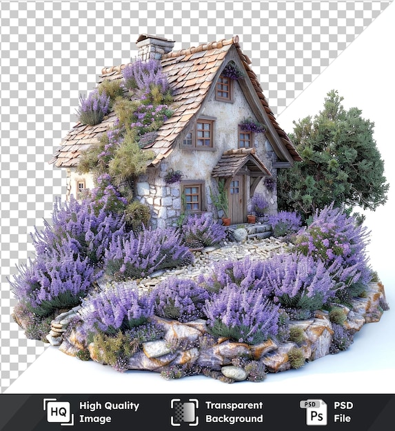 Miniature lavender garden houses on transparent background