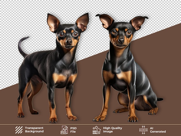 Miniature pinscher dog sitting and standing isolated on transparent background