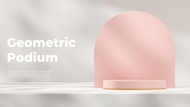 Minimal 3d rendering template mockup of pink podium with arch backdrop and white wall in landscape