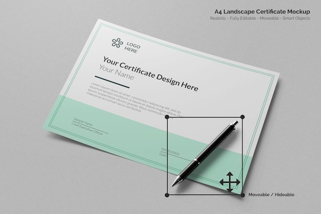 PSD minimal a4 horizontal corporate certificate paper realistic mockup with signature pen