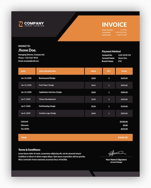 Minimal corporate dark with orange business invoice template