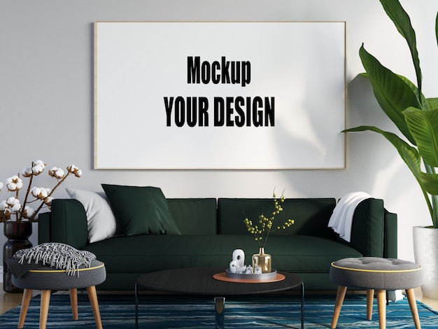 minimal green sofa in living room with photo frame mockup 3d render