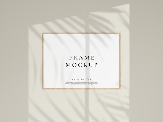 Minimal hanging frame mockup with window and palm shadow Poster photo frame mockup