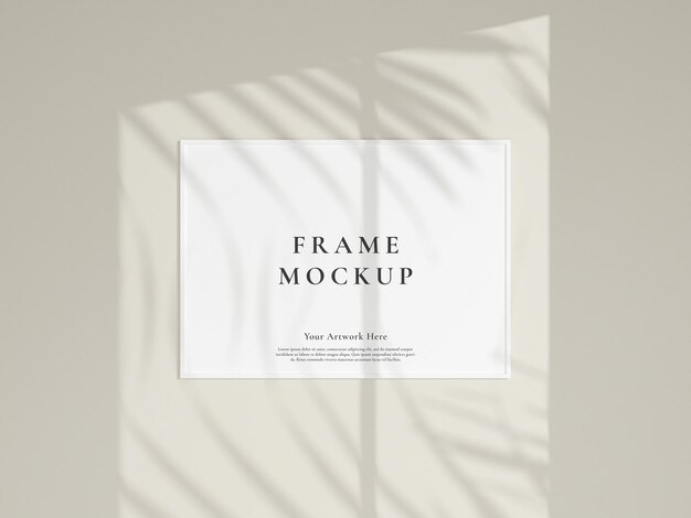 Minimal hanging frame mockup with window and palm shadow Poster photo frame mockup