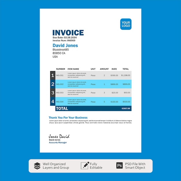 PSD minimal modern simple yellow invoice template psd design