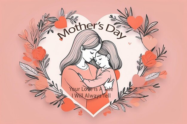 PSD minimal peach pink mothers day template in paper cut design young mother is cuddled by daughter concept of diverse family