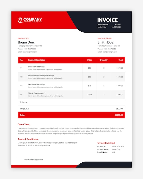 Minimal red invoice template design