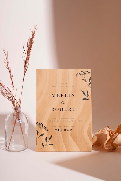 Minimal wooden wedding invitation mock-up