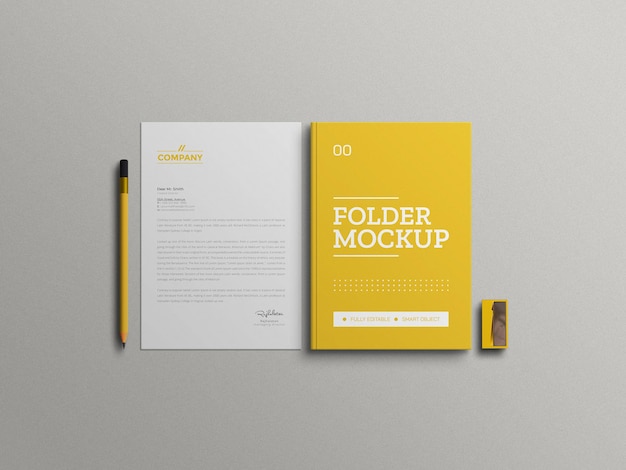 Minimal yellow folder stationery Set mockup