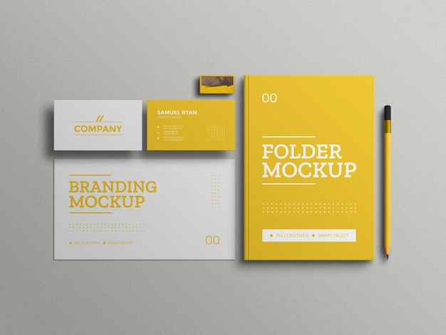 Minimal yellow folder with business card stationery Set mockup