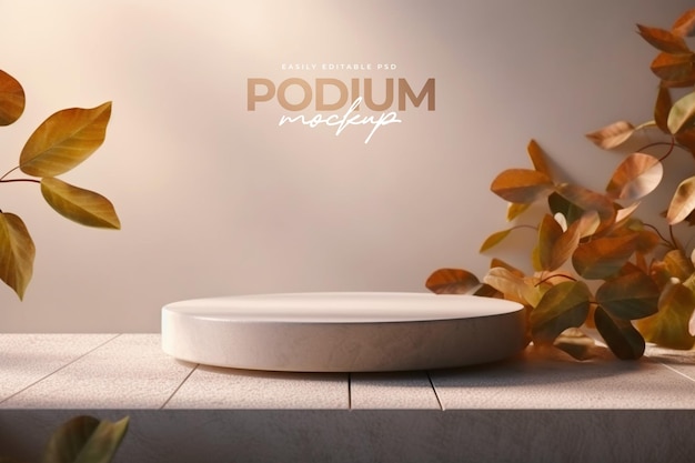 Minimalist 3d podium stage mockup for product presentation with natural leaves and shadow