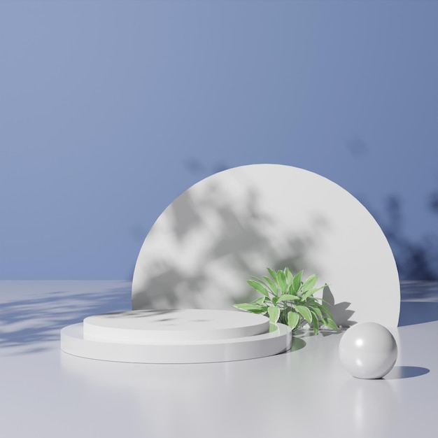 Minimalist 3D render white podium with plant and shadow on blue background