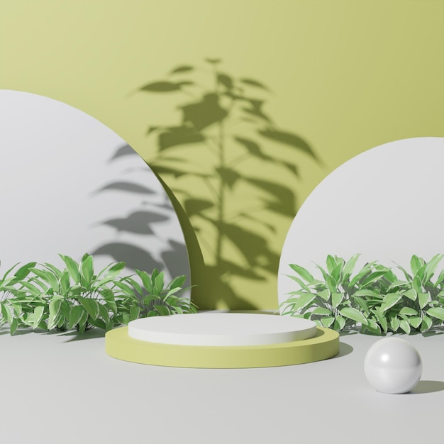 Minimalist 3D render white podium with plant and shadow on green background