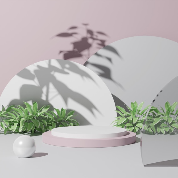 Minimalist 3D render white podium with plant and shadow on purple background