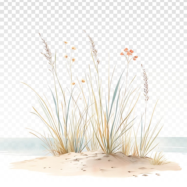 PSD minimalist beach scene grass flowers dunes and ocean