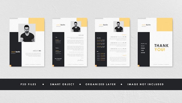 PSD minimalist black yellow resume curriculum template collection