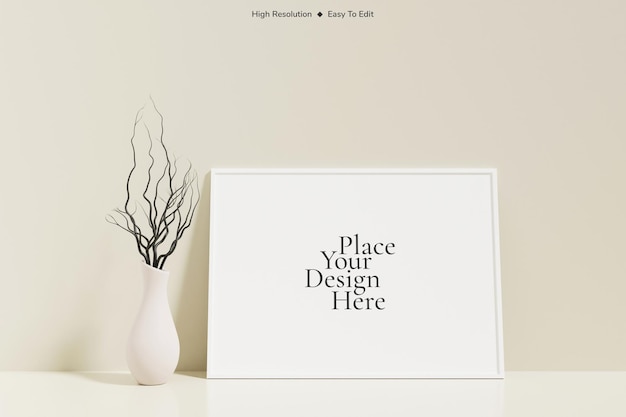 Minimalist and clean horizontal white poster or photo frame mockup on the floor leaning against the room wall with vase