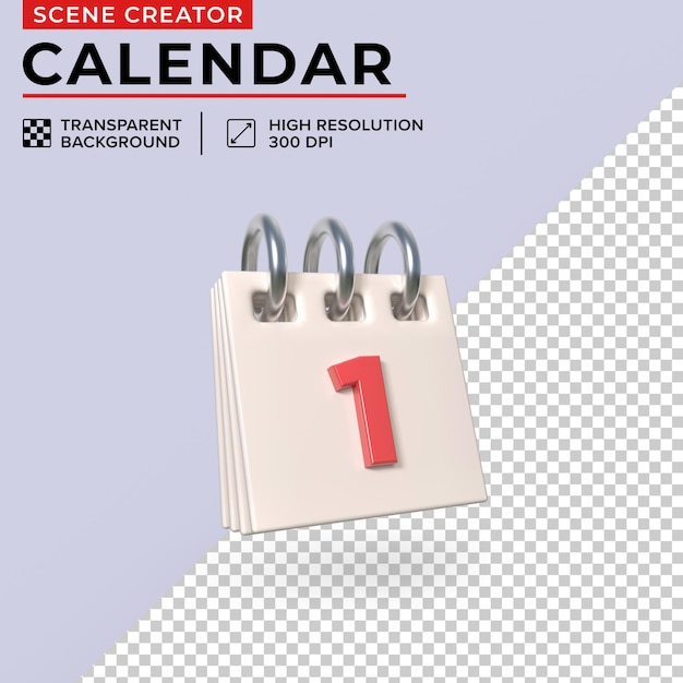 Minimalist desk calendar with day 1 for easy clipping 3D Render