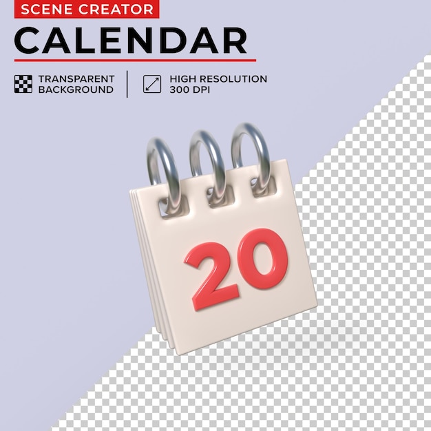 Minimalist desk calendar with day 20 for easy clipping 3D Render