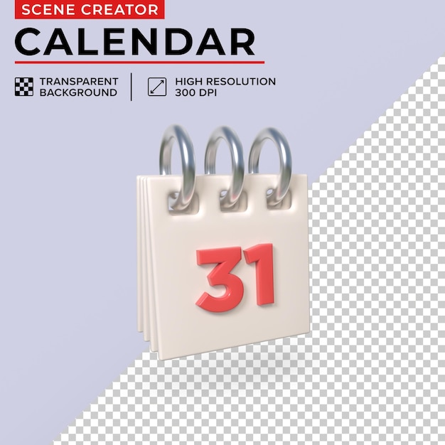 Minimalist desk calendar with day 31 for easy clipping 3D Render