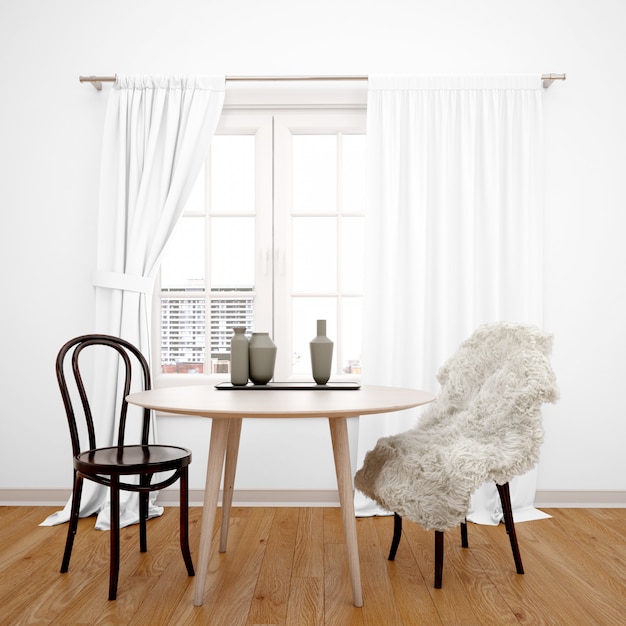 Minimalist dining room with table facing the window