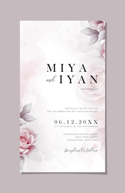 PSD minimalist electronic wedding invitation template with floral background